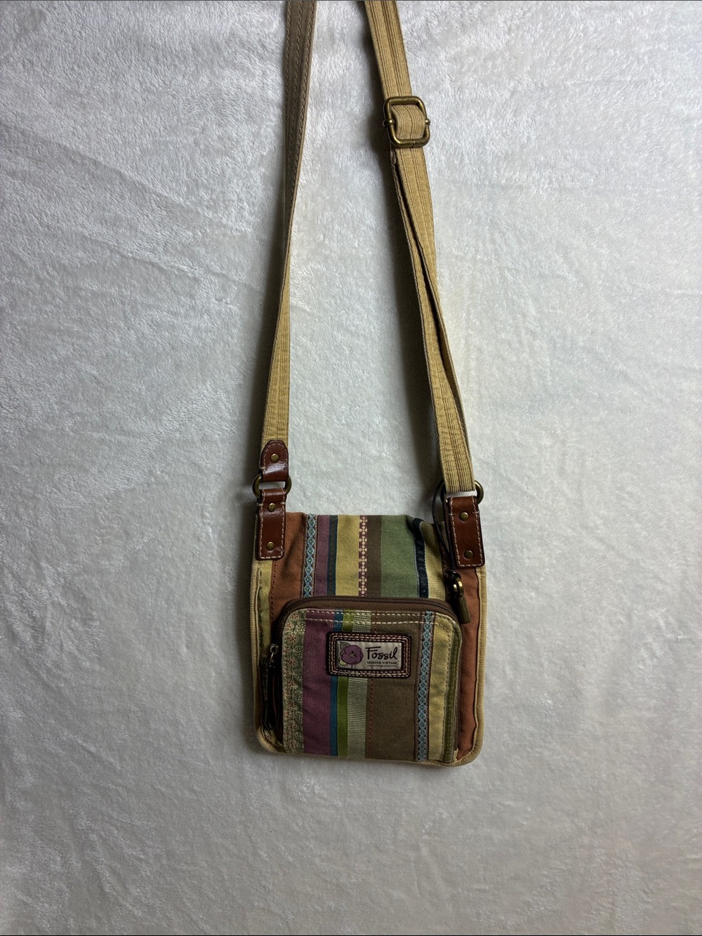 Fossil Multicolor Striped Canvas Crossbody with Tan Strap